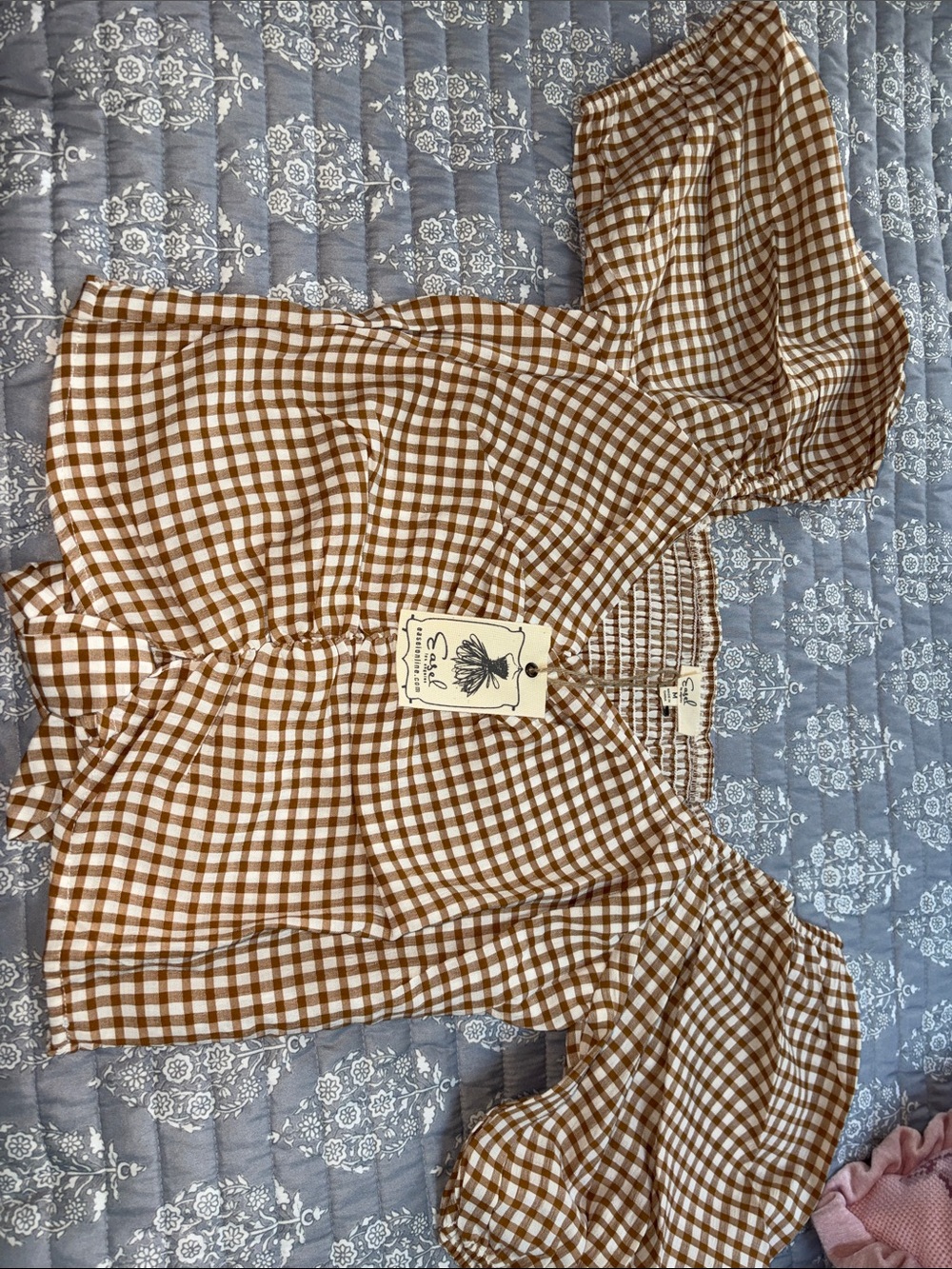 easel Brown and White Gingham Smocked Top